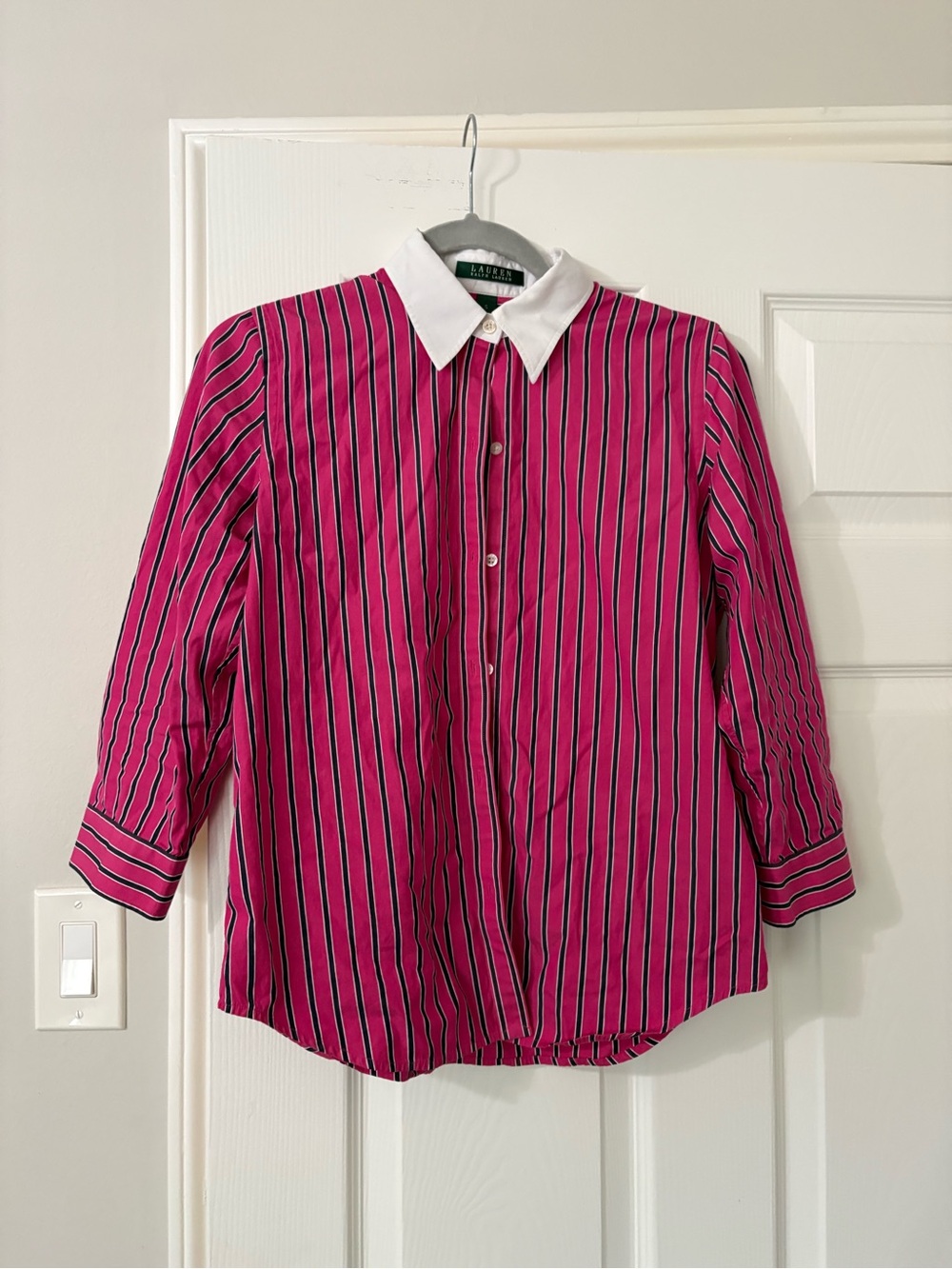 Lauren Ralph Lauren pink striped preppy button up shirt size S equestrian